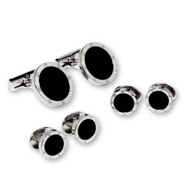 Black Circular Enamel with Rhinestones Silver Edge Studs and Cufflinks Set Black Circular Enamel with Rhinestones Silver Edge Studs and Cufflinks Set