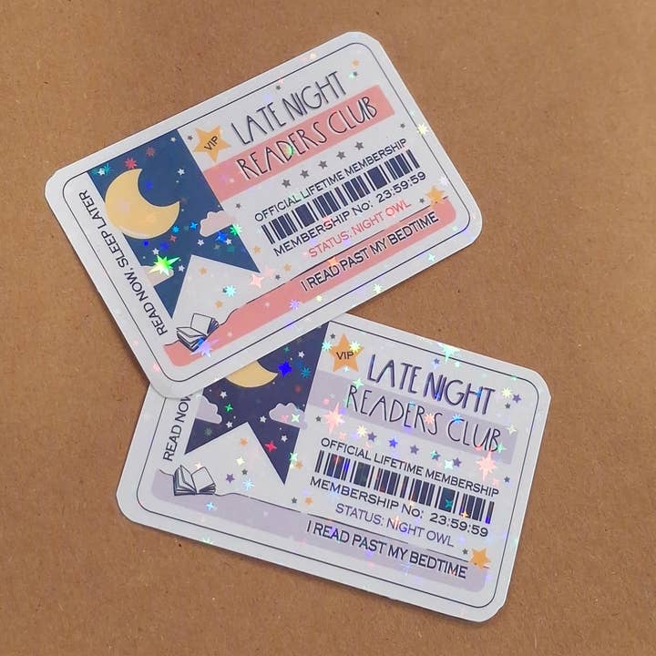 Late Night Readers Club Membership Card - Bookish Holographic Sticker for wholesale by Little Silverleaf