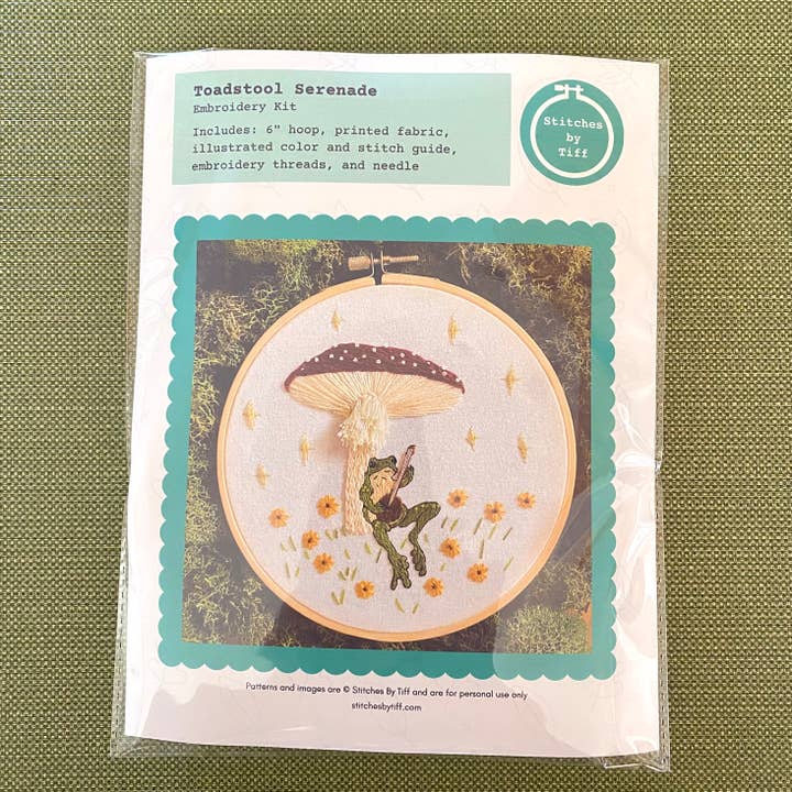 Stitches By Tiff - Wholesale Embroidery/Cross Stitch Supplies - Toadstool Serenade Frog & Mushroom Craft DIY Embroidery Kit1