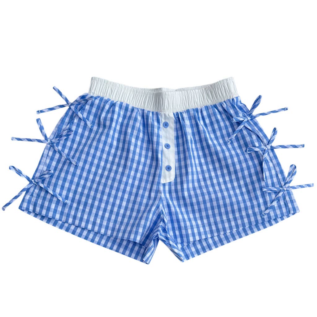 BB-4828 BUTTON BOW GINGHAM BOXER SHORTS LIGHT BLUE for wholesale on Faire0