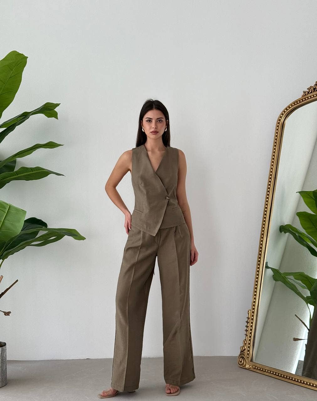 Design company-Fatma Balkir - Wholesale Suit Vest - Women's - Backless Tie-Up Vest and Pants Set – Linen Two Piece Outfi3