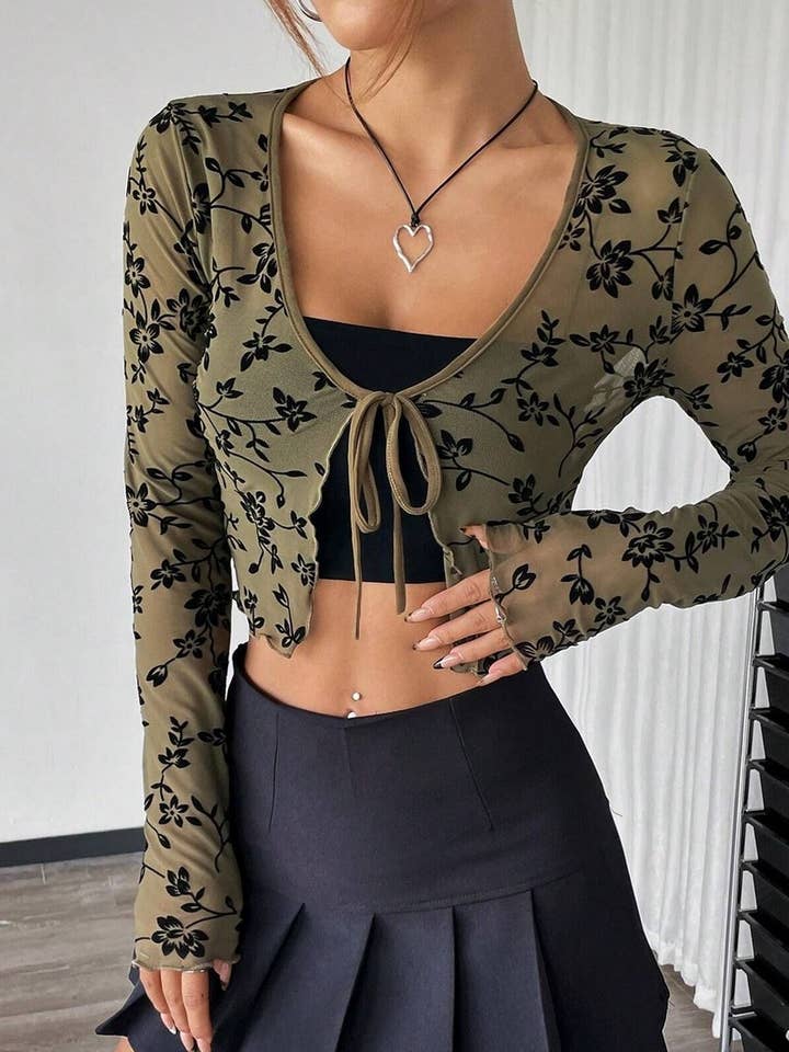 NINEXIS - Wholesale Blouse - Women's - CWTBLL3561_SHEER MESH FLOCKED LACE-UP LONG SLEEVE TOP6