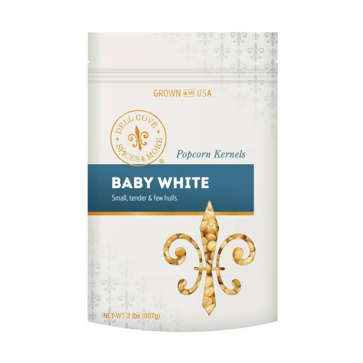 Dell Cove Spices & More Co. - Wholesale Popcorn Kernels - Baby White Popcorn Kernels - 2 Pound Bag - Hulless Pop Corn