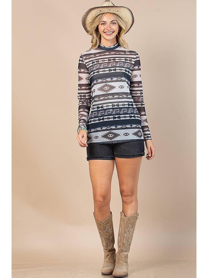 MOCHA/CHARBON DE BOIS HAUT EN MAILLE SEMI-TRANSPARENTE À IMPRIMÉ AZTÈQUE AV1230-BILLIE en vente sur Faire3