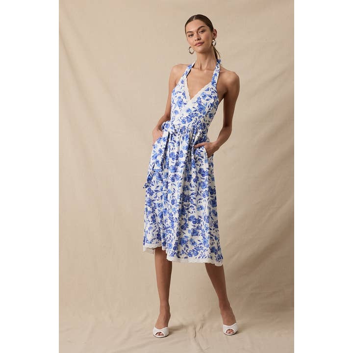 NAVY FLORAL HALTER SCALLOP LACE WRAP MIDI DRESS for wholesale by Sky to Moon