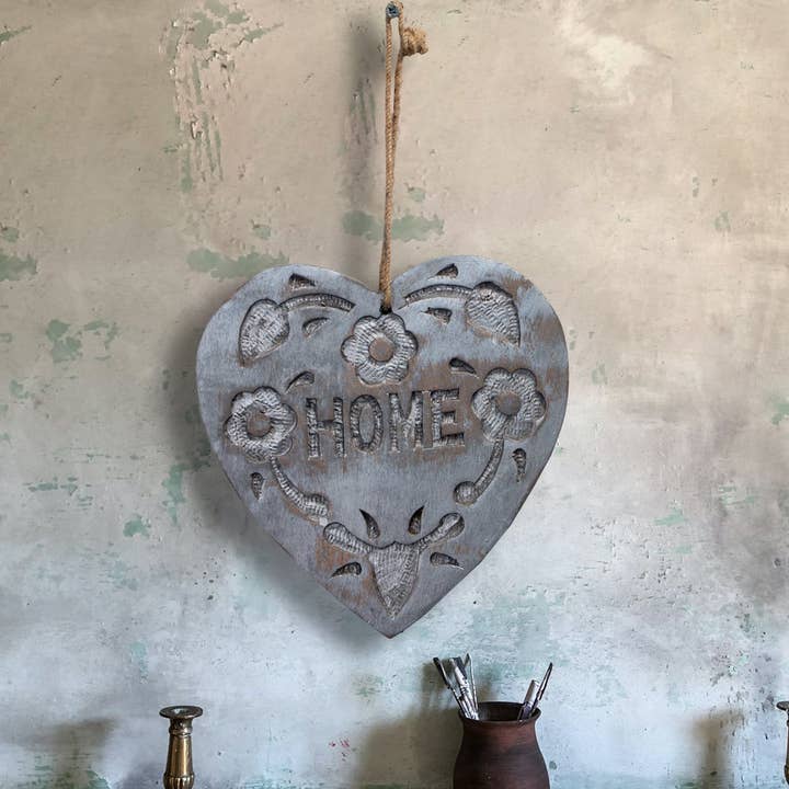 Antikas - Wholesale Wall Accent - wooden figure heart. flowers Tall silver decoration Hanging