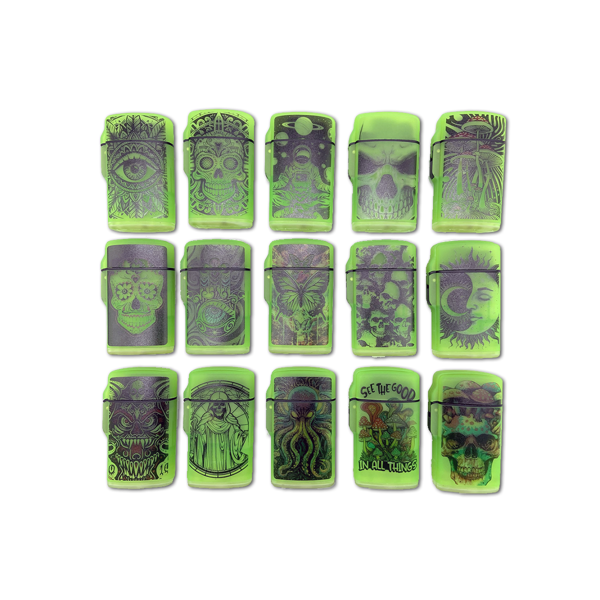 Novelty Brands - Wholesale Lighter - Glow in The Dark Flip Top Lighter Assortment - 15/Display2