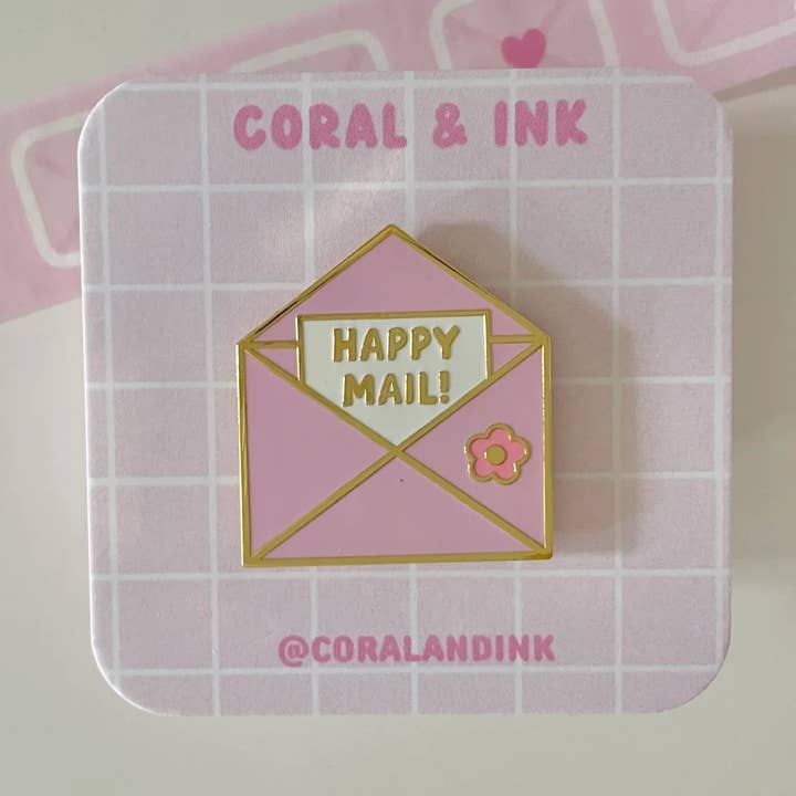 Happy Mail Envelope Gold Plated Hard Enamel Pin for wholesale by Coral and Ink