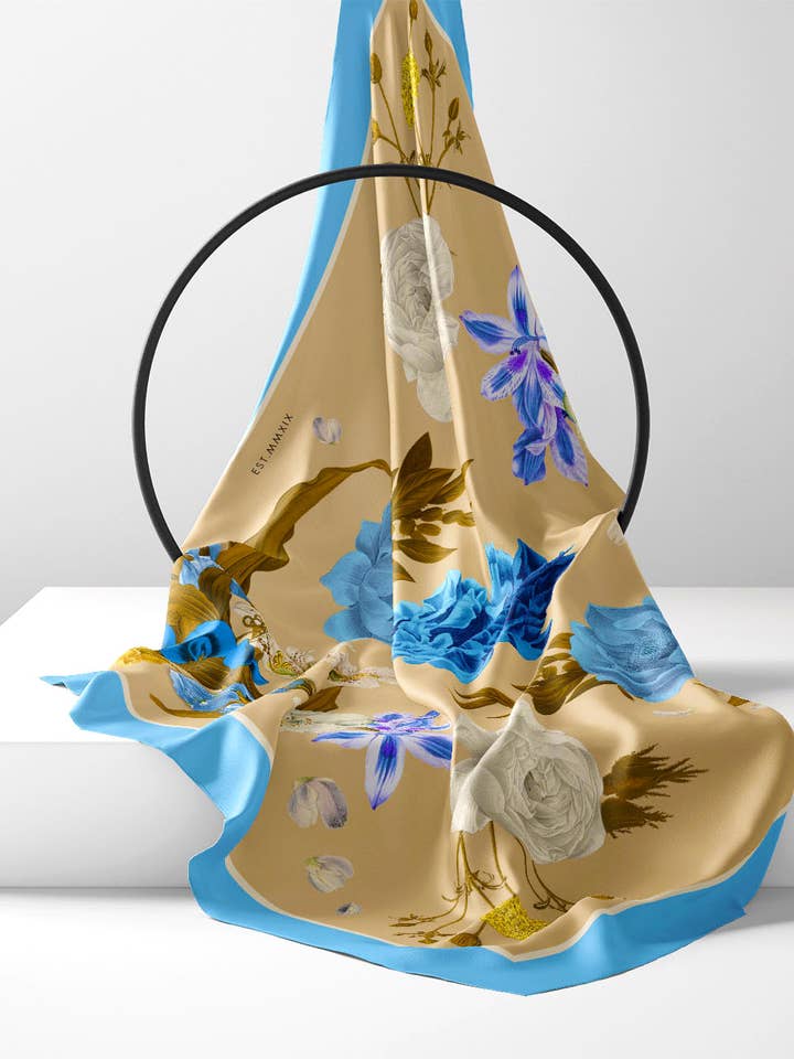 Sciarpa in Seta 100% Premium Secret Garden Blu Beige 35"*35" per la vendita all'ingrosso da parte di Fetolia