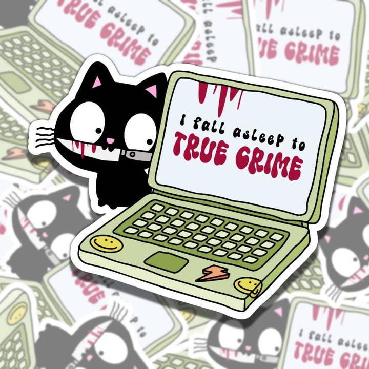 Je m'endors avec un adorable chat noir de crime véritable Autocollant en vinyle. pour la vente par Sticky Sadness Designs