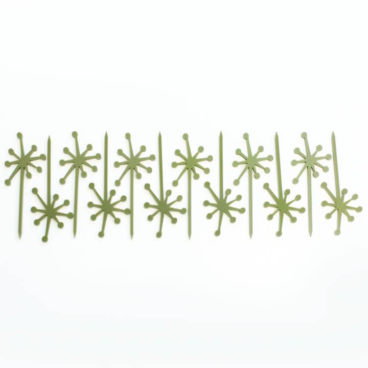 Plettro da cocktail per antipasto in acrilico verde oliva retrò Starburst per la vendita all'ingrosso da parte di Mod Lounge Paper Company