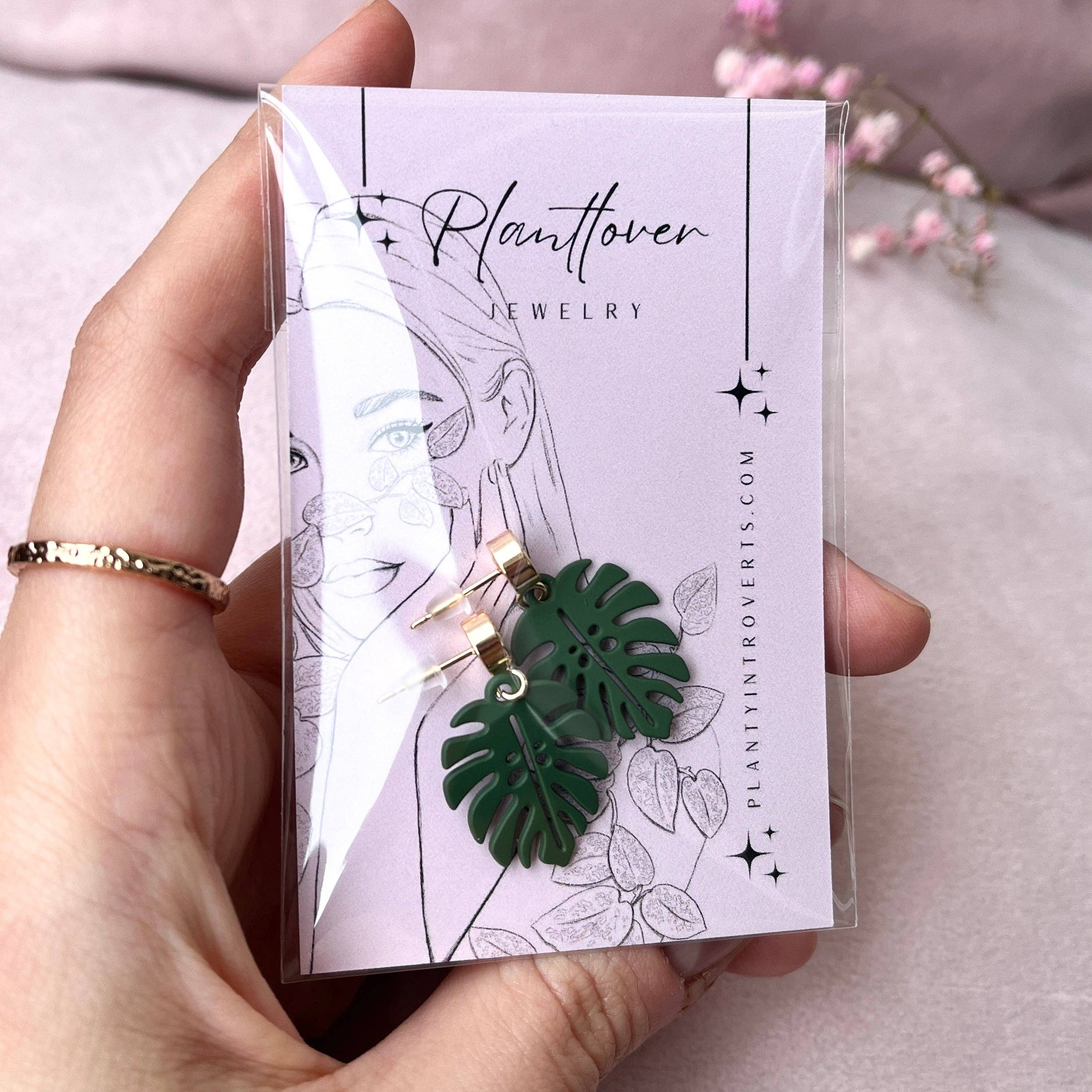 plantyintroverts - Wholesale Dangle Earrings - Green Monstera leaf earrings in gold, natural jewelry5