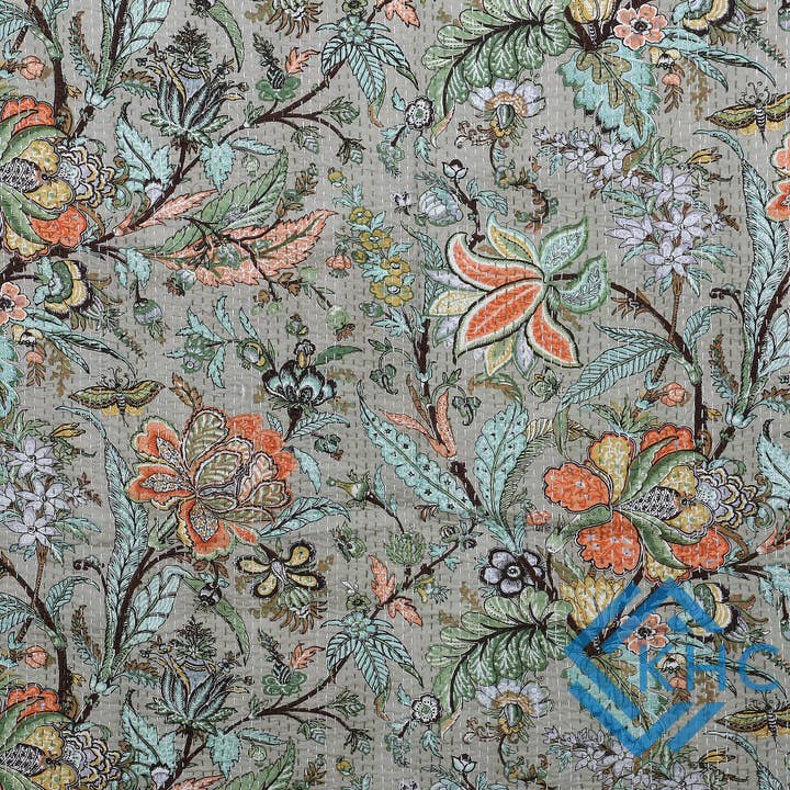 KHC – wholesale Täcke – Indisk handgjord kantha grå blommig quilt