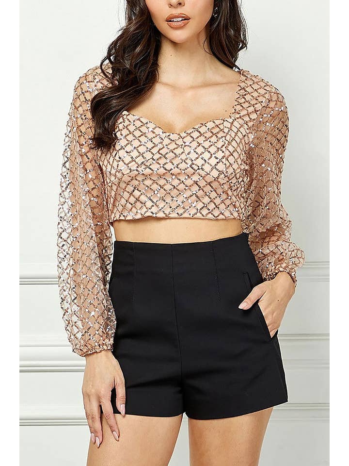 ROUSSEAU - Wholesale Blouse - Women's - SEQUIN SWEETHEART NECK LONG SLEEVES CROP TOP