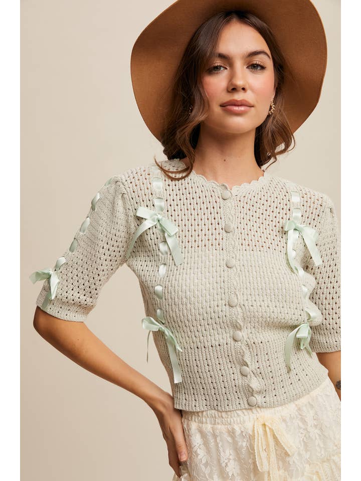 Listicle - Wholesale Cardigan - Women's - Pastel Knit Cardigan with Satin Bow Details