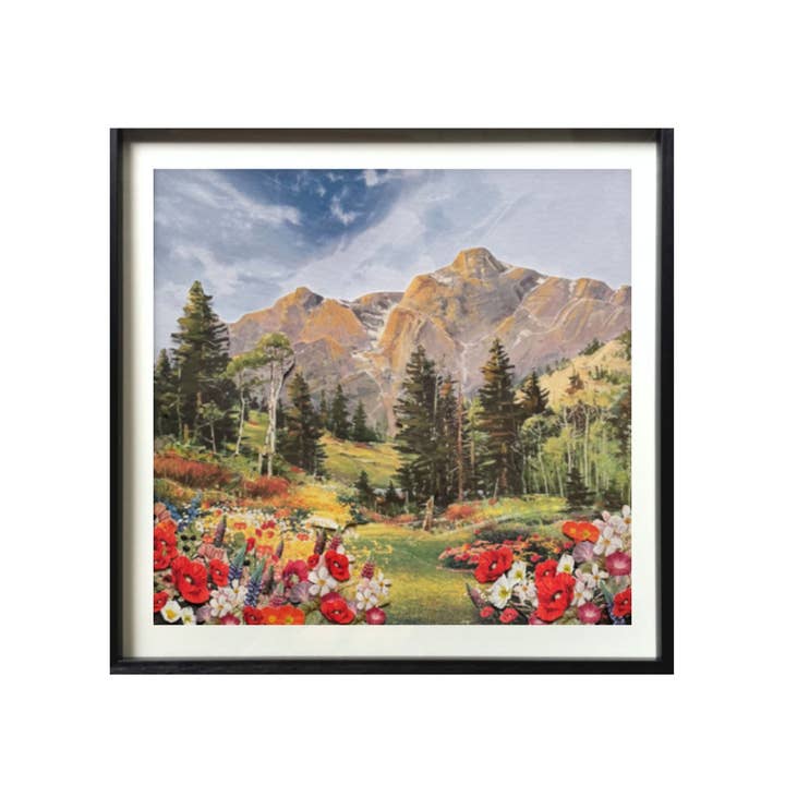 Art de collage 3D | Paradis de la vallée montagneuse (28"x28") pour la vente par Canterbury Lane