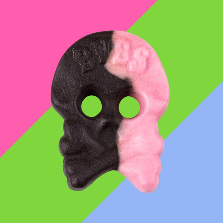 BUBS GODIS FOAM SKULLS RASPBERRY & LIQUORICE 2.8KG for wholesale by Gaffney's Sweets & Treats Wholesale