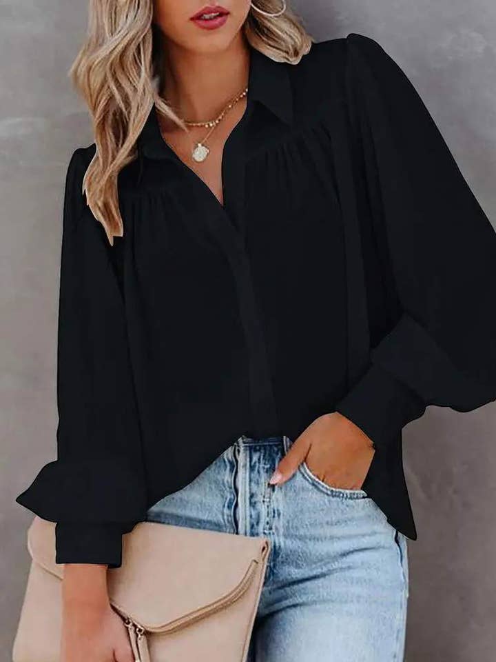 Fashion Combination - Wholesale Blouse - Women's - lantern sleeve ruched buttoned shirt14