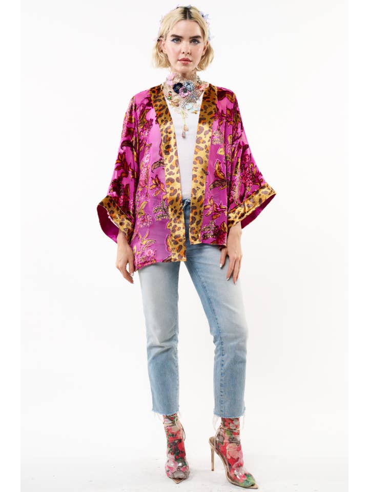Fuchsia Holiday Jewels Burnout Velvet Kimono / Topper for wholesale on Faire