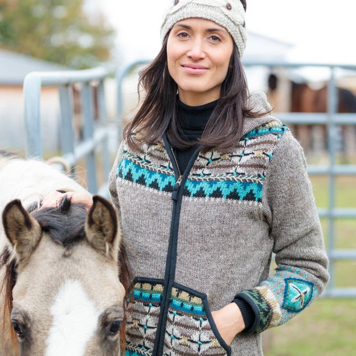 Lost Horizons Knitwear – Ships from USA - Wholesale Knit Sweater - Women's - Dakotah Hooded Wool Sweater with Western Pattern3