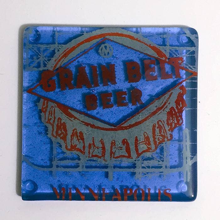 Kiku Handmade | Contemporary Fused Glass Home Goods - Wholesale Coasters - Minneapolis Grain Belt Beer Fused Glass 4" Single Coaster0