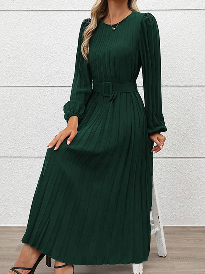 Lovenne - Wholesale Dress - Women's - Fold-pleated round-neck high-waist long dress6