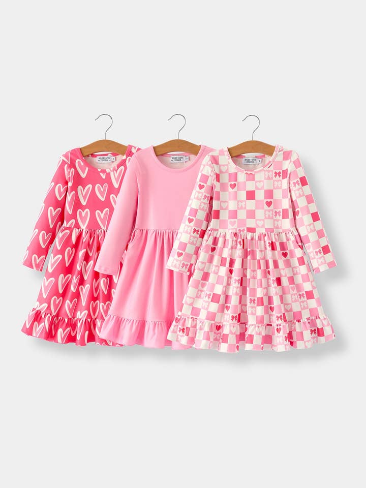 Valentine’s Day Girls Dress Bundle – Sweetheart Heart Print, Solid Pink, Checker Bow Design for wholesale by Rylee Faith Designs