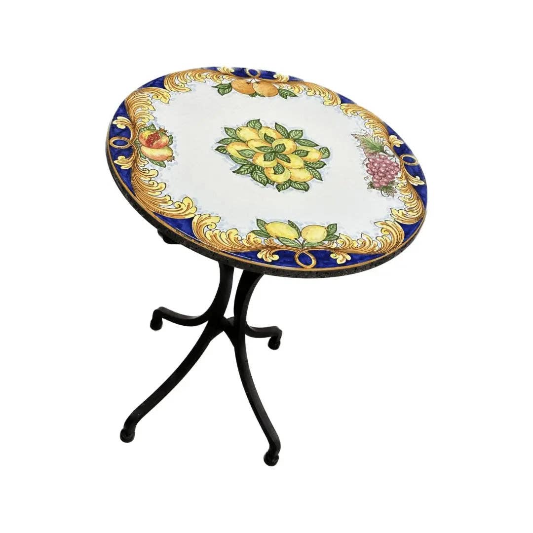 DD Ceramiche Siciliane - Vendita all'ingrosso Tavoli da patio - Tavolo Rotondo in Pietra Lavica Decoro N.1 - MISURE VARIE2