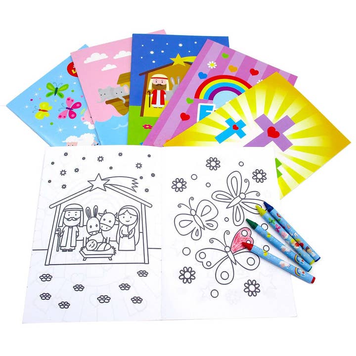 Religious Coloring Books with Crayons Party Favors Set of 12 for wholesale by Tiny Mills