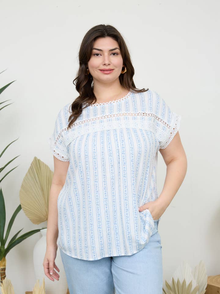 PLUS STRIPE FLORAL BATWING SHORT SLEEVE TOP for wholesale by Blu Pepper