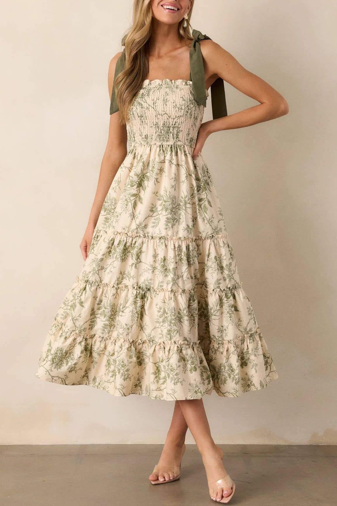 green 2025 komorebi Spring floral flare swing Dress w bow straps for wholesale on Faire7
