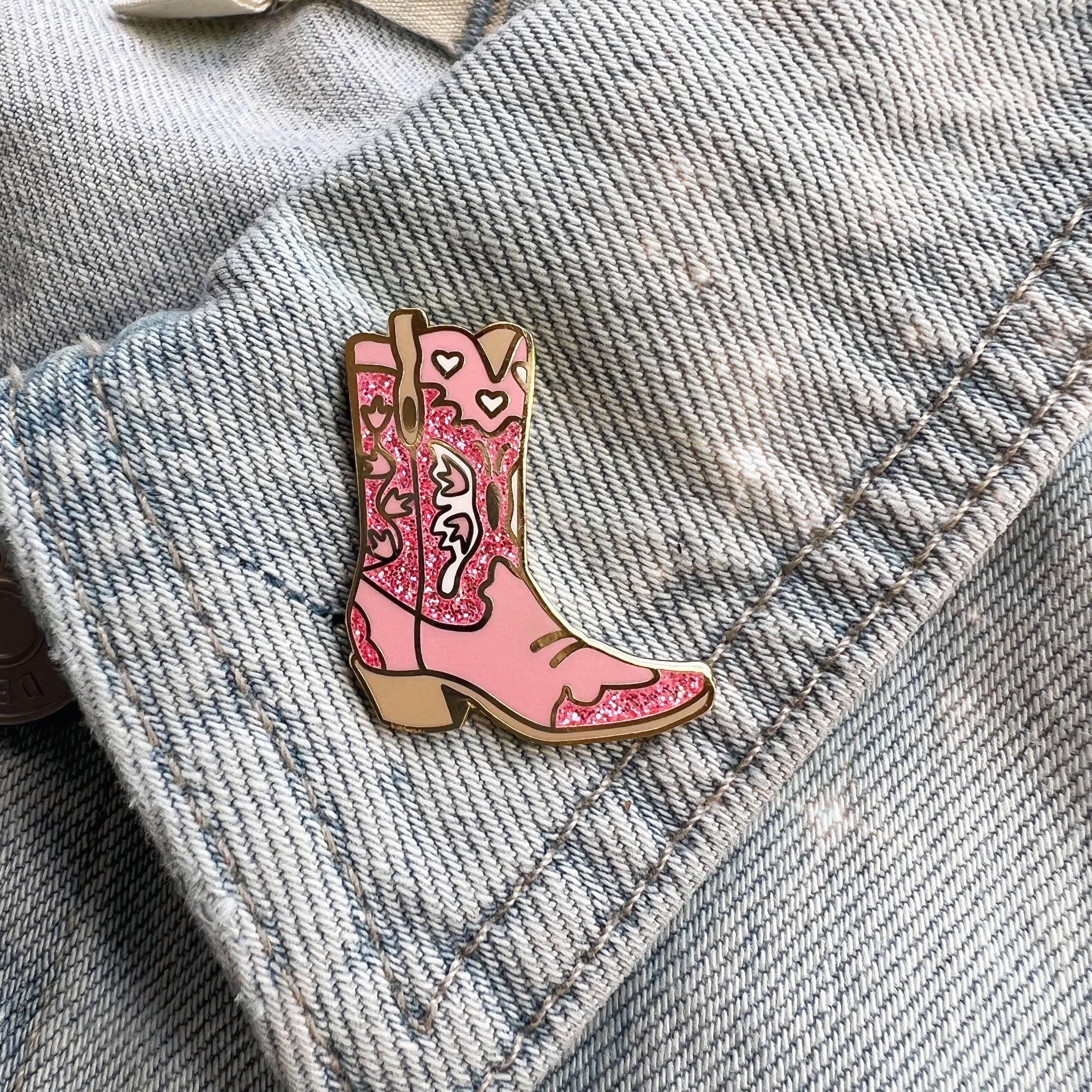 Wildflower + Co. - Wholesale Lapel Pin/Button - Cowgirl Boot Enamel Pin, Pink3