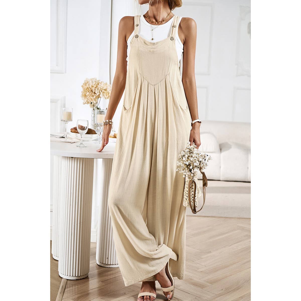 Supreme Fashion - Wholesale Overalls - Women's - Button Detail Wide Leg Overall Pockets Jumpsuit5