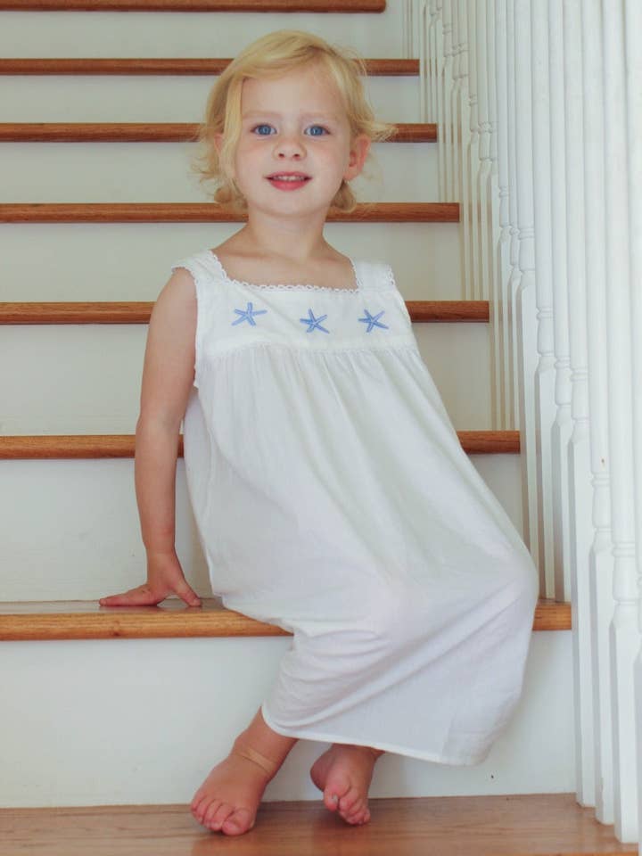 Starfish (Girls) White Cotton Dress, Embroidered for wholesale by Jacaranda Living