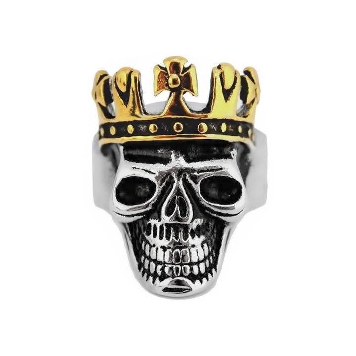 SK2233, anello da uomo a forma di teschio con corona placcata in bronzo, in acciaio inossidabile, misura 9-15 per la vendita all'ingrosso da parte di Heavy Metal Jewelry