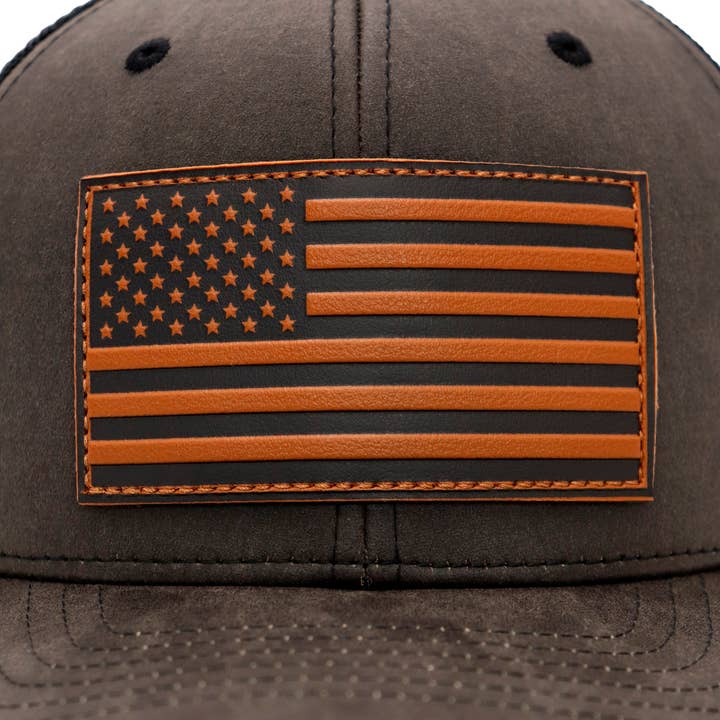 Cap Zone - Wholesale Trucker Hat - Unisex - American Flag Patch Oiled Faux Leather Trucker Hat