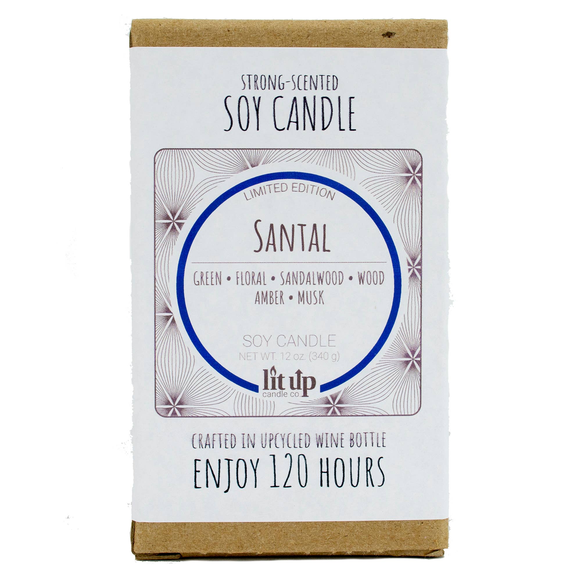 Lit Up Candle Co. – wholesale Jar/filled candle – Santal scented 12 oz. soy candles in upcycled wine bottles3