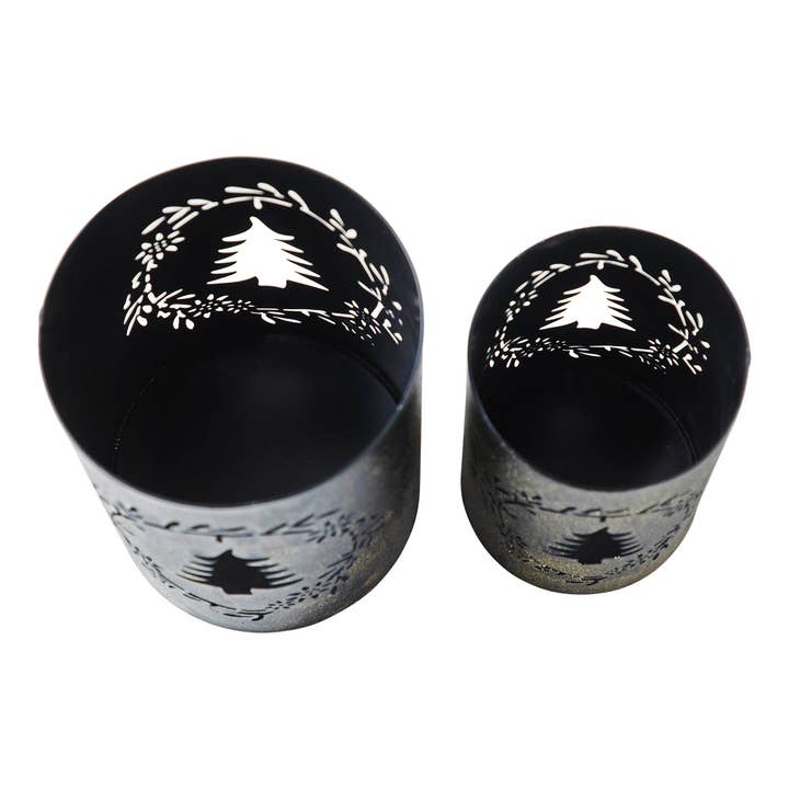 VHC Brands - Wholesale Candle Holder - Gold Dusted Wreath and Tree Metal Candle Holder Set of 2 - 5.9/7 inch
