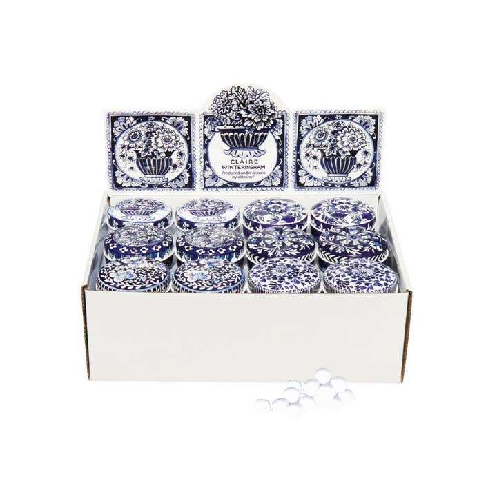 Tin Treats – wholesale Biscuit jar – Blue & White - Small Round Tins With Mint Imperials