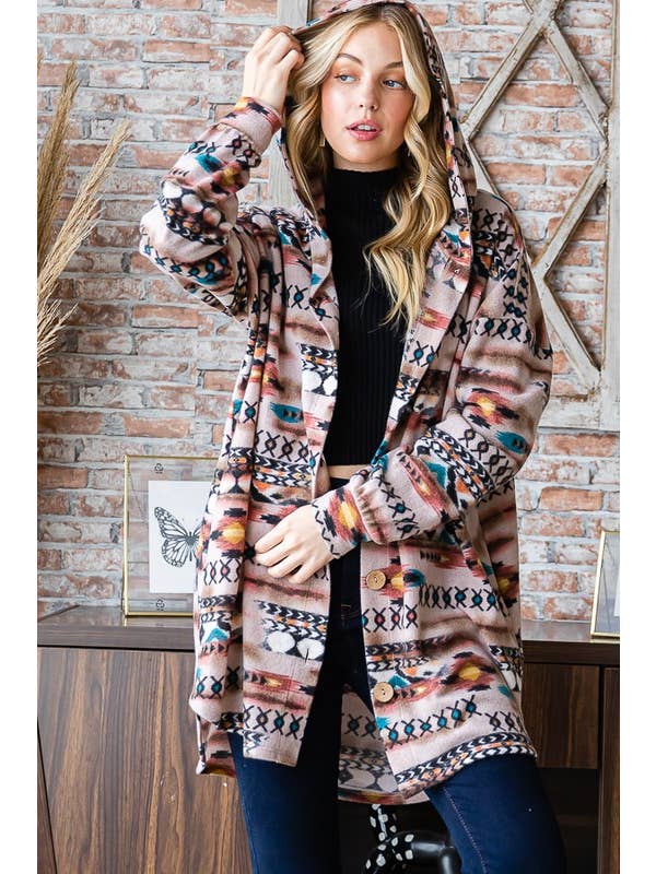 TAUPE MULTI EJ6401-23 AZTEC PRINT BUTTON DOWN CARDIGAN for wholesale on Faire