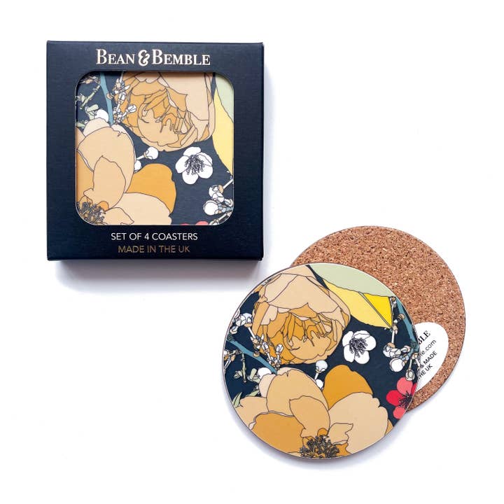 Coasters Box Set Round Melamine Wood Retro Chica Camellia Navy Blue for wholesale by Bean and Bemble