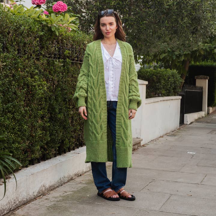 Cara & The Sky - Wholesale Cardigan - Women's - Alex Cable Longline Balloon Sleeve Cardigan - Green | Knit
