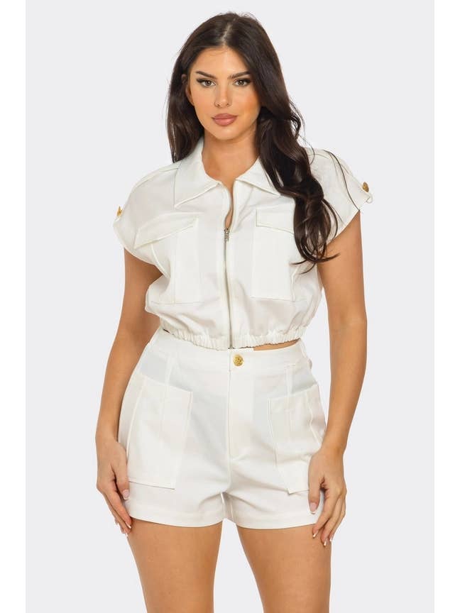 Short Sleeve Crop and Side Pockets Shorts Set for wholesale by J2 FASHION