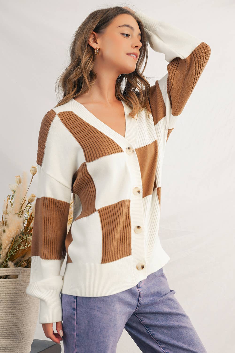 Khaki Checker Colorblock Button V Neck Sweater Cardigan | S-XL  for wholesale on Faire4