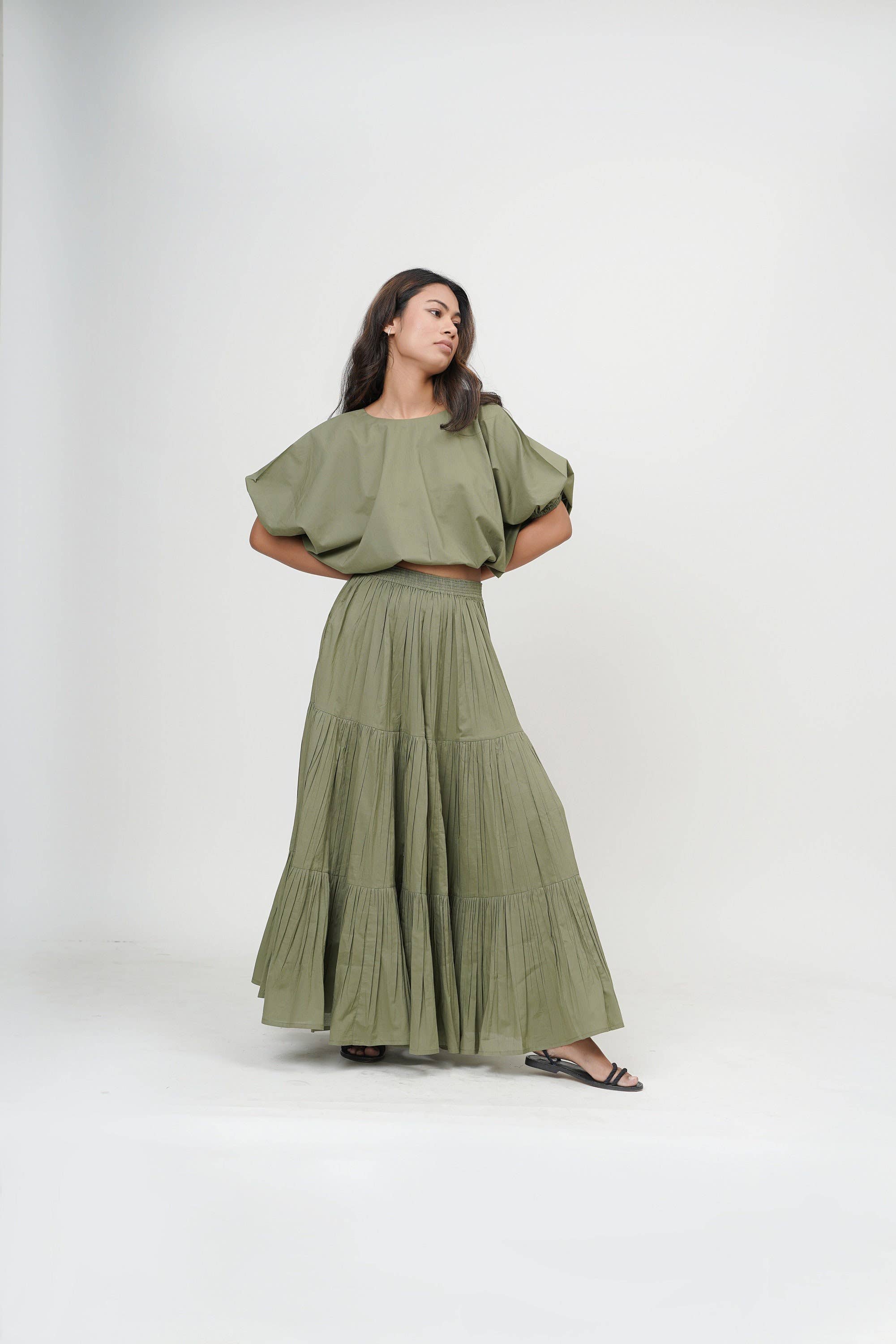 Tailor Didi – Conjunto de top e saia - Mulher por atacado – Conjunto de Saia Maxi Boho de Algodão em Camadas e Top Curto com Decote Cano.8