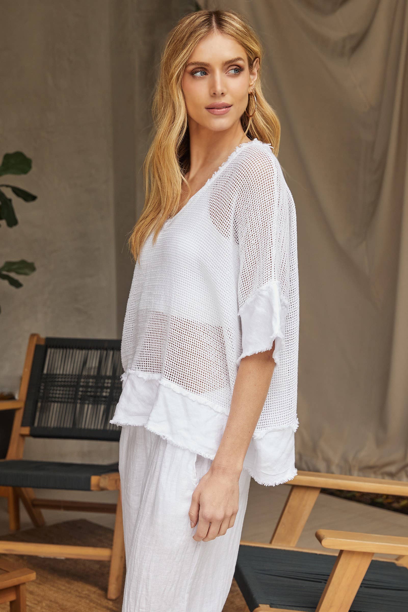 White COTTON MESH GRID SHORT SLEEVE TOP (12686/154109-WHITE) for wholesale on Faire1