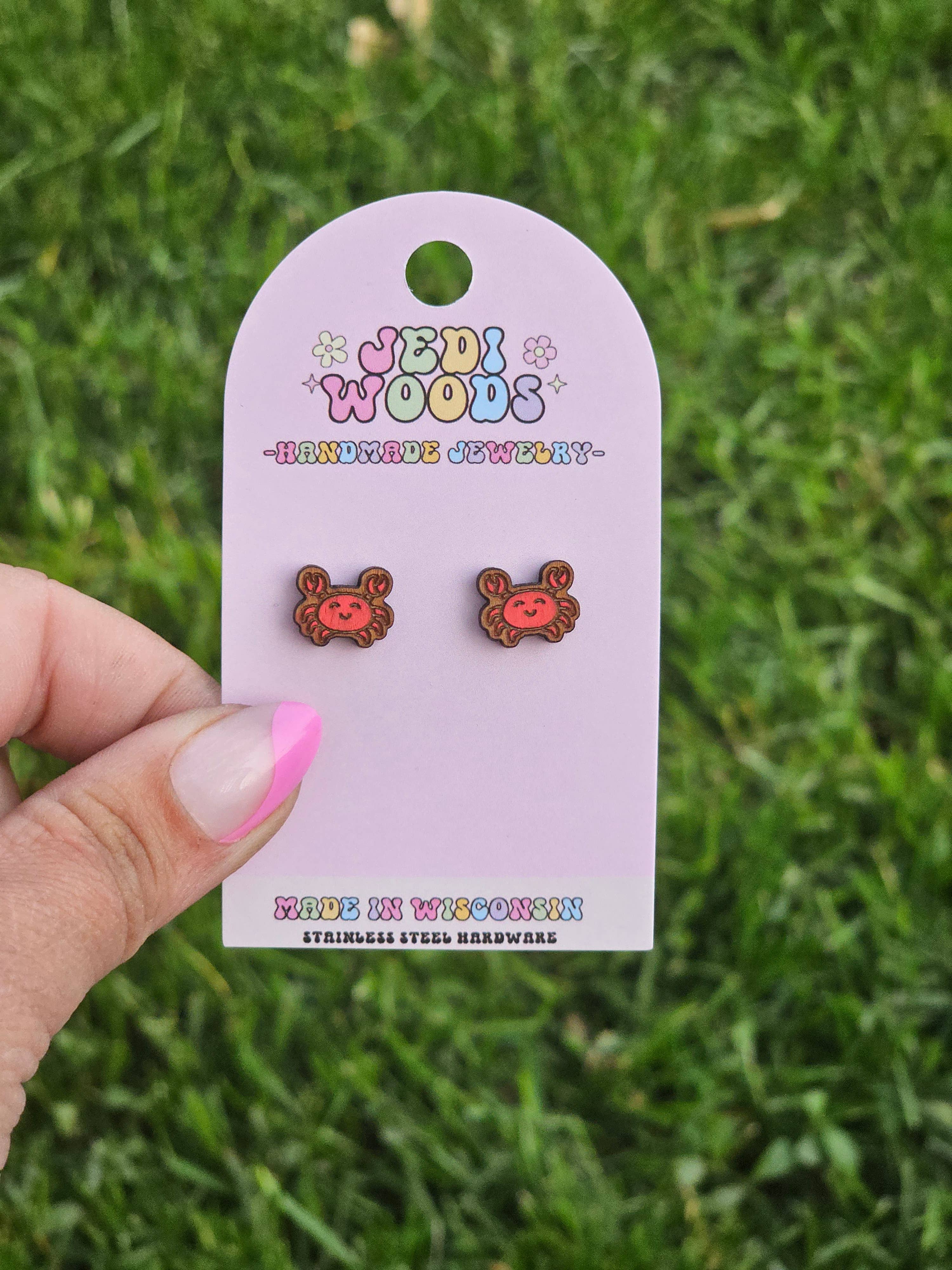 Jedi Woods LLC - Wholesale Stud/Post Earrings - Hand painted Red Crab Stud Earrings, Aquatic animal Earrings2
