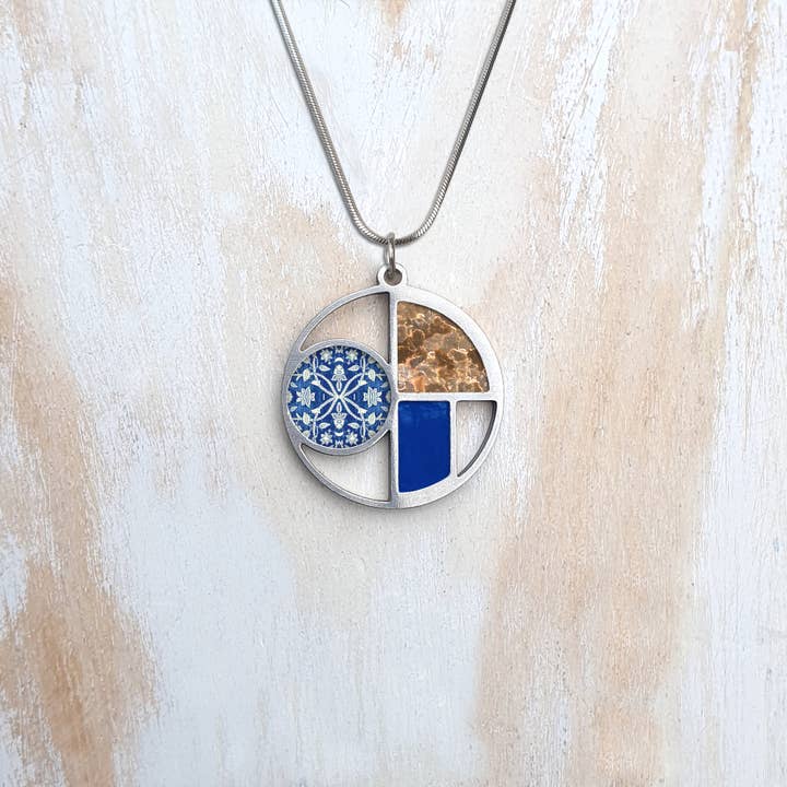 Round De Stijl Inspired Necklace, Stainless Steel & Ceramics for wholesale by Noa Jewellery