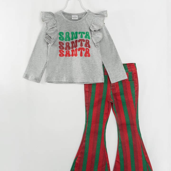 Christmas SANTA Red Green Stripe Girl Denim Bell Pant Set for wholesale by littleoneusa