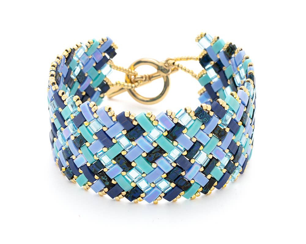 Bijoux 7bis - Vente Bracelet de perles - Bracelet acier manchette tissage de perles TILA fermoir en T7